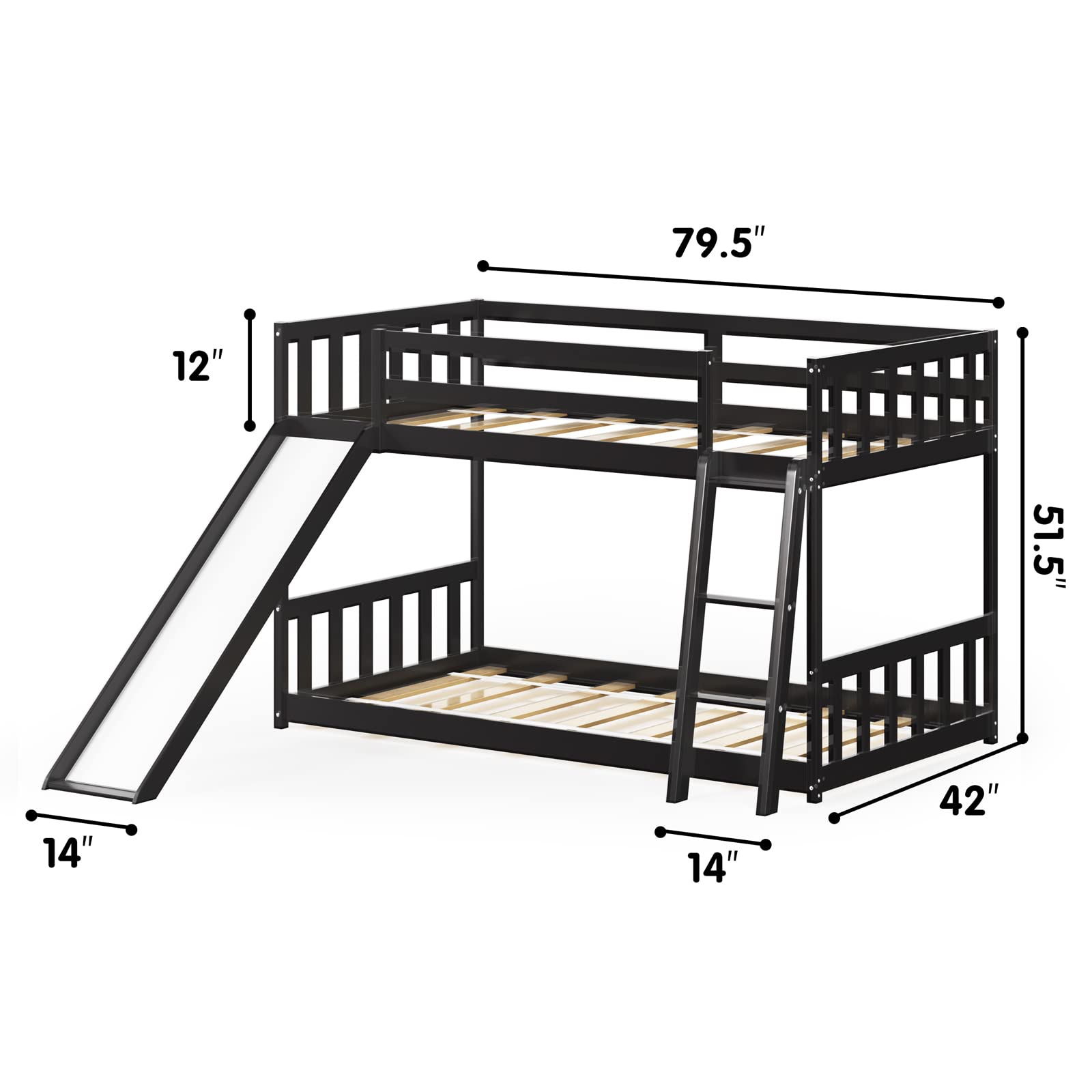 KOTEK Twin Over Twin Bunk Bed with Slide, Solid Wood Floor Bunk Bed Frame with Guardrails & Ladder, No Box Spring Needed, Kids Bedroom Furniture for Boys & Girls, Teens (Espresso)