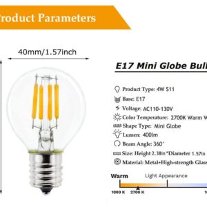 2-Pack E17 Mini Globe Bulb S11 LED Light Bulb,E17 Intermediate Base 4W Warm White 2700K,40 Watt S11 G40 Incandescent Bulb Replacement for Desk Lamp,Cabinet,Closet, Non-Dimmable