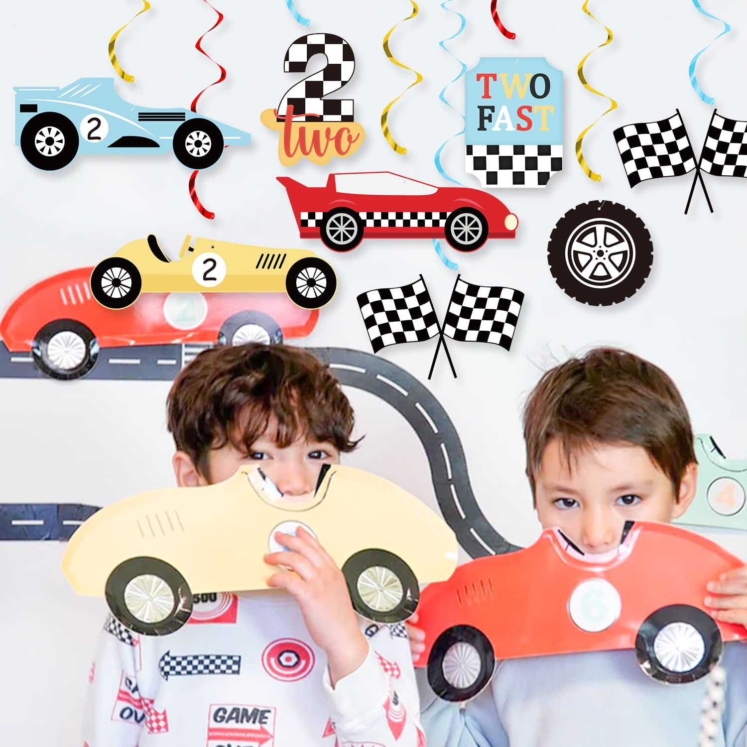 K KUMEED Race Car Two Fast Party Hanging Swirls Checkered Flags Racing Birthday Party Foil Ceiling Decorations for Kids Boys Men Racing Theme 2nd Birthday Party