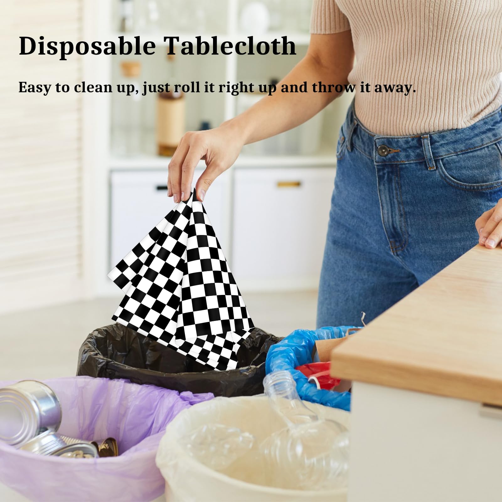 Mulbozy 4 Pcs Black and White Checkered Tablecloths, 54 × 108 Inches Black Checkered Flag Tablecover, Disposable Plastic Gingham Table Cover for Picnic, Truck, Race Car Birthday Party Supplies