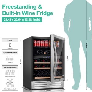 CUSIMAX 24 Inch Wine Cooler, Dual Zone Wine and Beverage Refrigerator, Touch Intelligent Digital 37-64°F Upgrade Wine Cellars, Built in or Freestanding Wine Fridge for Home Office Bar Stainless Steel