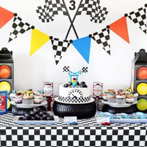 Mulbozy 4 Pcs Black and White Checkered Tablecloths, 54 × 108 Inches Black Checkered Flag Tablecover, Disposable Plastic Gingham Table Cover for Picnic, Truck, Race Car Birthday Party Supplies