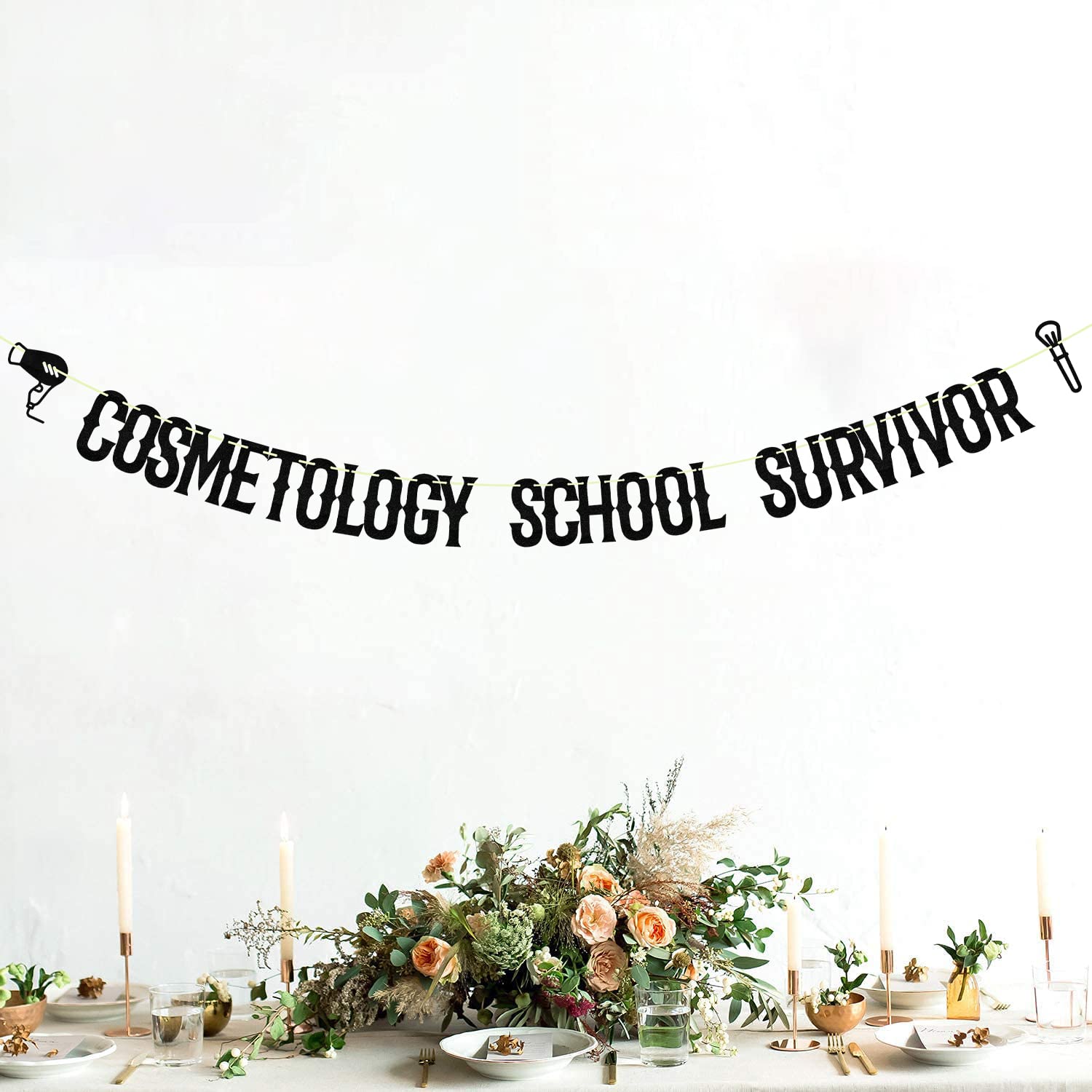 Glitter Black Cosmetology School Survivor Banner, Class Of 2024 Grad Cap Cake Supplies,Congratulations Finally Done 2024 Graduate Party Decoration