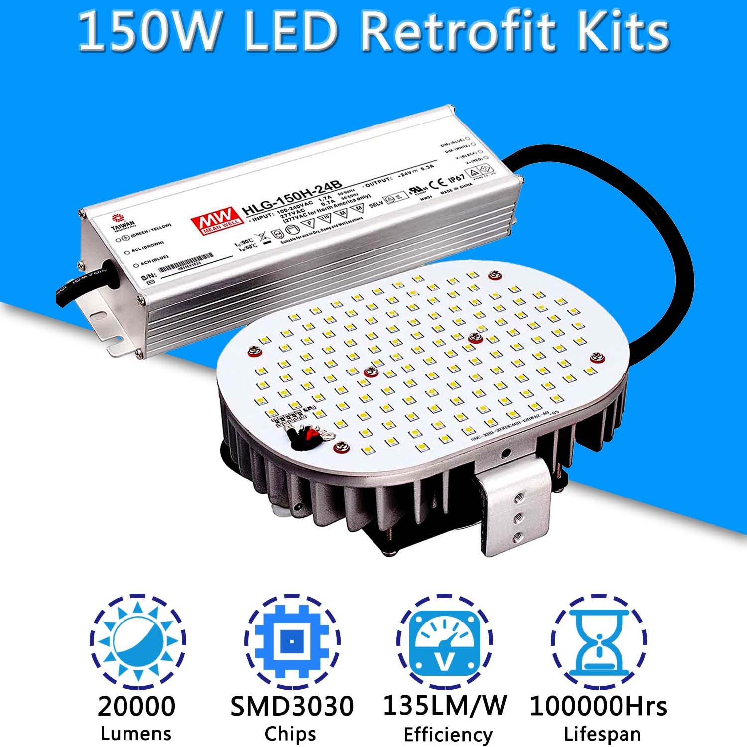 150W LED Retrofit Kit with Power Supply, 20250LM Shoebox LED Retrofit Kits(500W MH/HID/HPS Equiv.) 5000K E39 Mogul Base for Street Lights, High Bay Lights UL DLC Certified