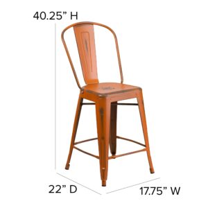 Merrick Lane Sabine 24" Indoor-Outdoor Counter Stool - Metal Stool with Distressed Orange Finish - Vertical Slat Back - Integrated Footrest