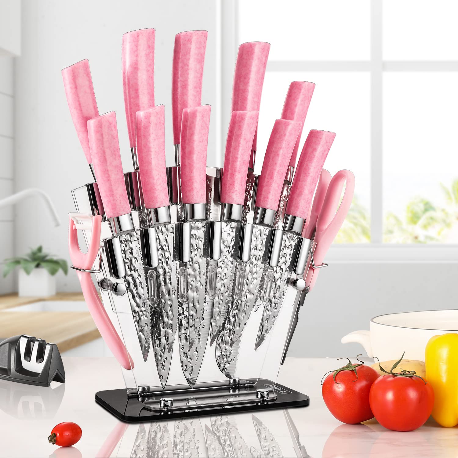 Kitchen Knives Set, High Carbon Stainless Steel Knife Set 15 PCS, Super Sharp Cutlery Knife Set with Clear Acrylic Stand, Sharpener Knife Block Set, Pink Knife Set