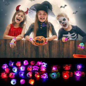 CCINEE Halloween Light up Party Favors Toys for kids, 32pcs 20 Rings+12 Bracelets LED Accessories Glow in the Dark Toys Rubber Ghost Pumpkin Skeleton for Halloween Party Supplies Decorations Gift