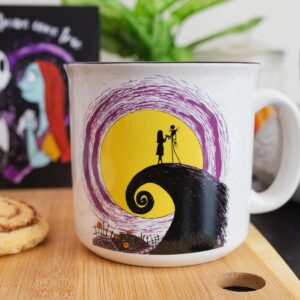 Disney The Nightmare Before Christmas Jack and Sally Spiral Hill 20-Ounce Ceramic Camper Mug | BPA-Free Travel Coffee Cup For Espresso, Caffeine, Cocoa, | Home & Kitchen Essentials | Halloween Gifts