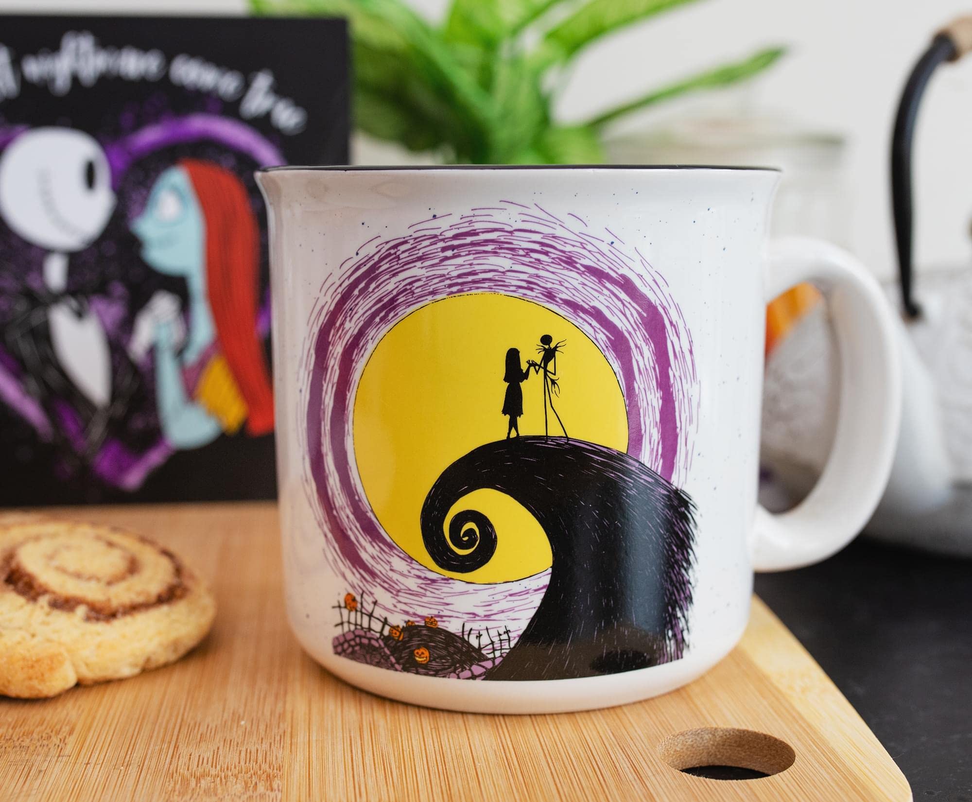 Disney The Nightmare Before Christmas Jack and Sally Spiral Hill 20-Ounce Ceramic Camper Mug | BPA-Free Travel Coffee Cup For Espresso, Caffeine, Cocoa, | Home & Kitchen Essentials | Halloween Gifts