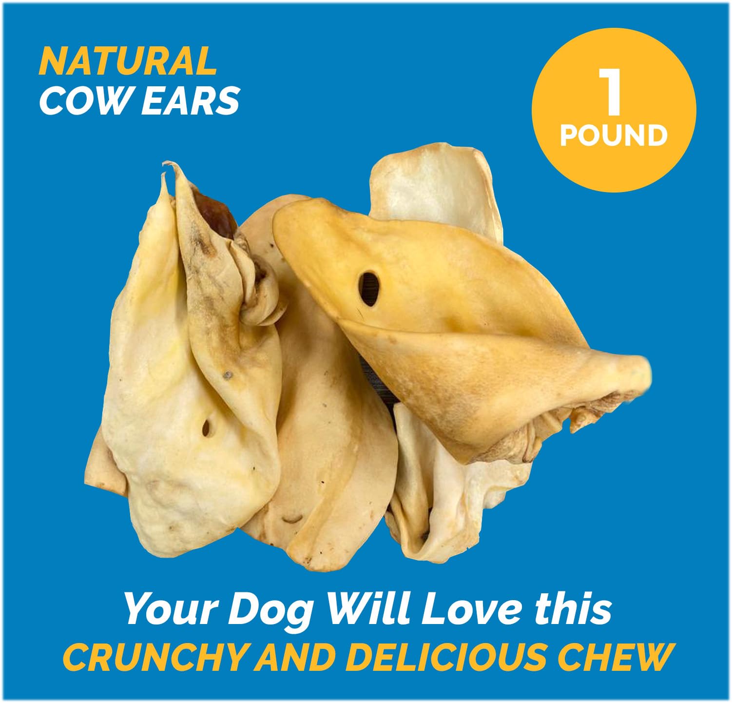 123 Treats Cow Ears for Dogs (1 Pound - Golden) - 100% Natural Made Premium Chews for Your Dog Bulk Beef Treats no Added additives