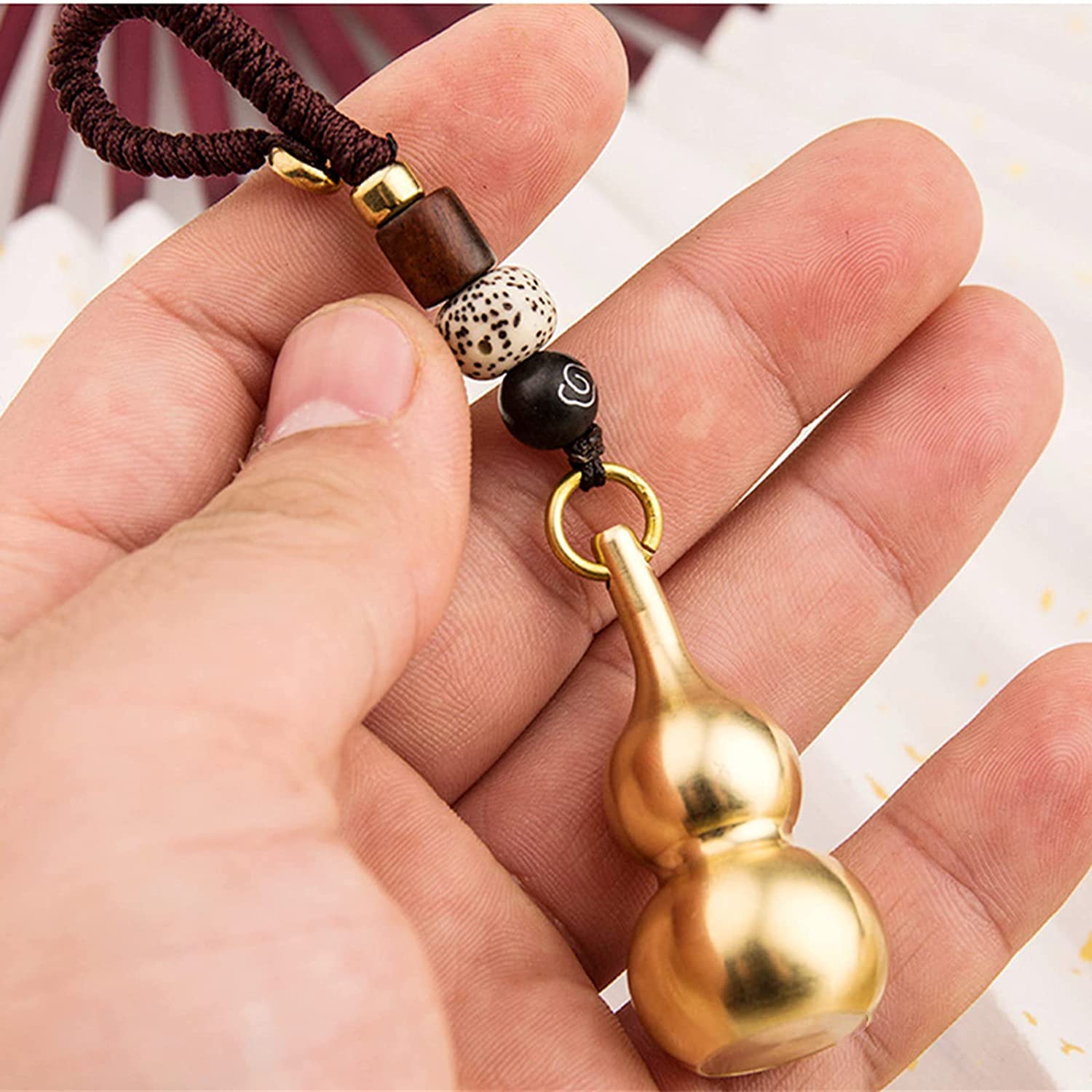 3 Pieces Gourd Brass Keychains,Feng Shui Luck Coins with Brass Calabash Wu Lou Key Ring for Good Luck , Wealth Success & Longevity , Blessing Paper in it, Gold, 2x2x4 inches