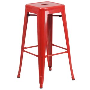 Merrick Lane Newark Series Bar Height Stool - Red Finish - Metal Frame with Cross Bracing - Backless Design - Integrated Footrest