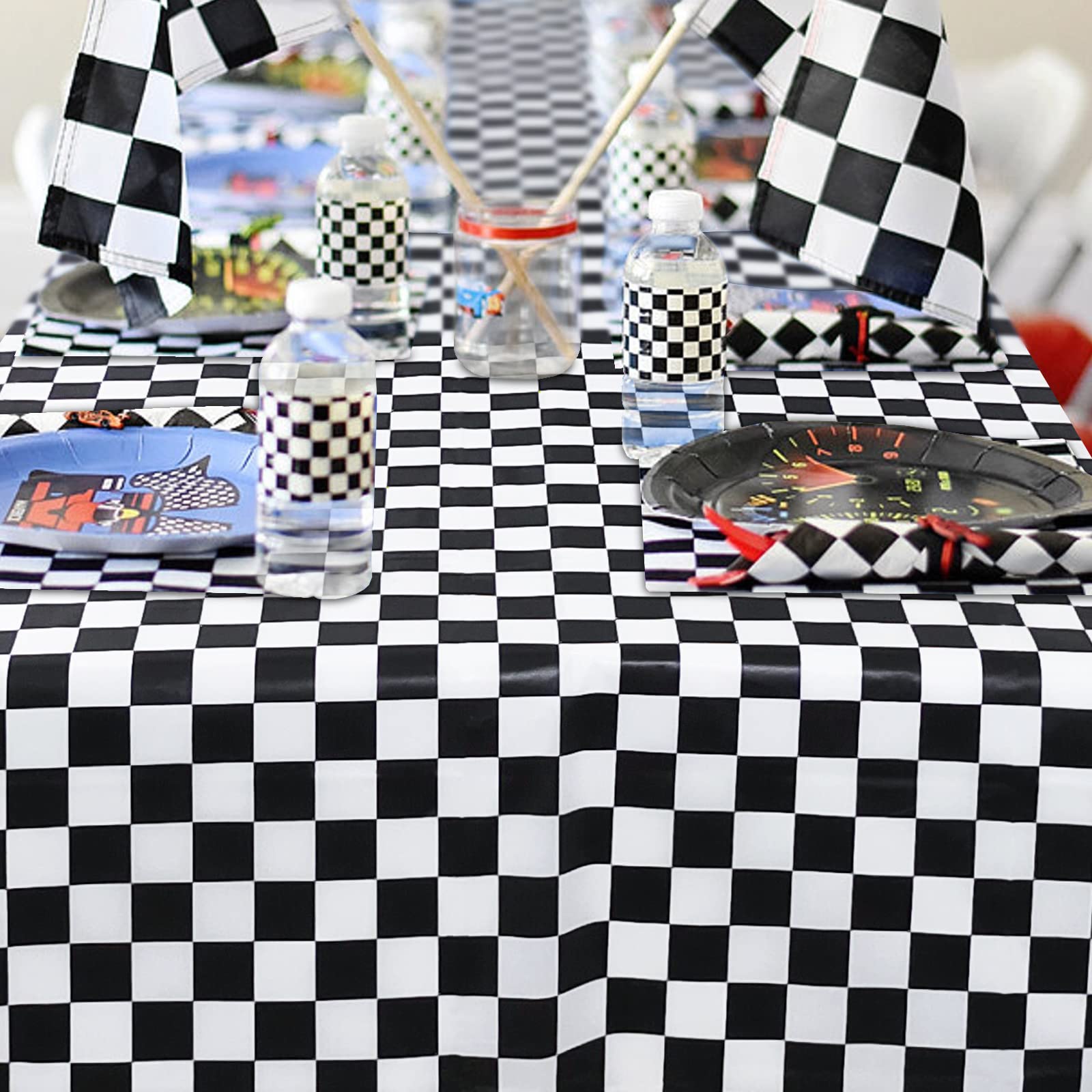 Mulbozy 4 Pcs Black and White Checkered Tablecloths, 54 × 108 Inches Black Checkered Flag Tablecover, Disposable Plastic Gingham Table Cover for Picnic, Truck, Race Car Birthday Party Supplies