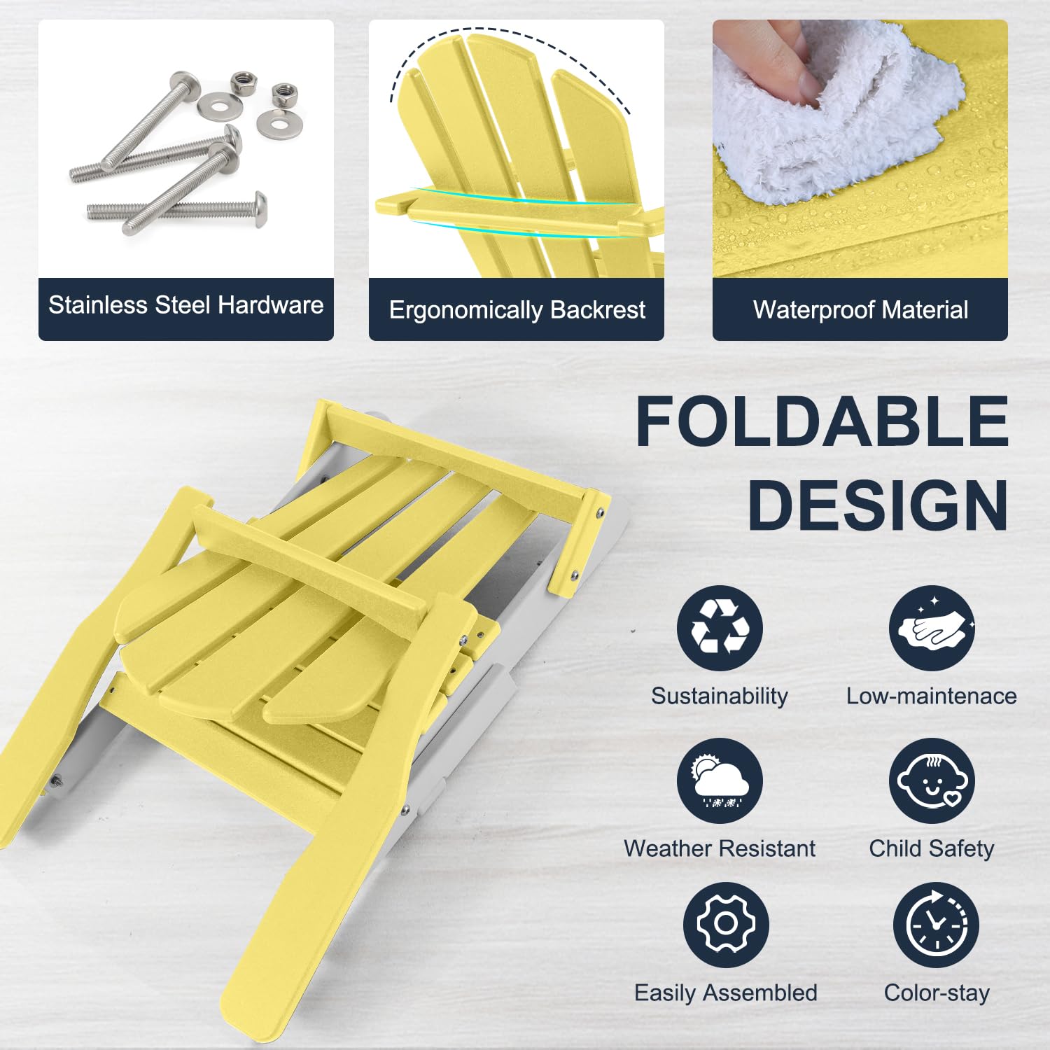 ABCPATIO Folding Mini Plastic Adirondack Chair - Outdoor Comfortable Adirondack Chairs, Weather Resistant Patio Folding Seating for Patio, Porch, Deck, Pool, Garden, Backyard (Yellow/White)