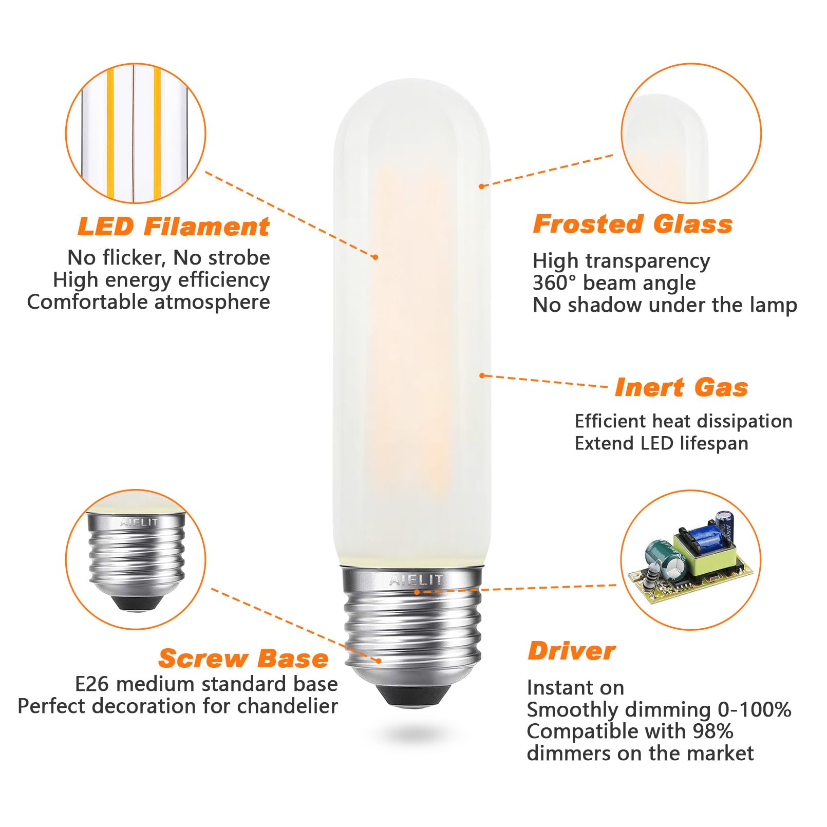 AIELIT T10/T30 Frosted LED Light Bulb 25 Watt Equivalent, Warm White 2700K, 200 LM, E26 Standard Base, 2W Dimmable LED Tube Bulbs, Classic Filament Edison Bulb for Pendant Lights Chandelier, 4-Pack