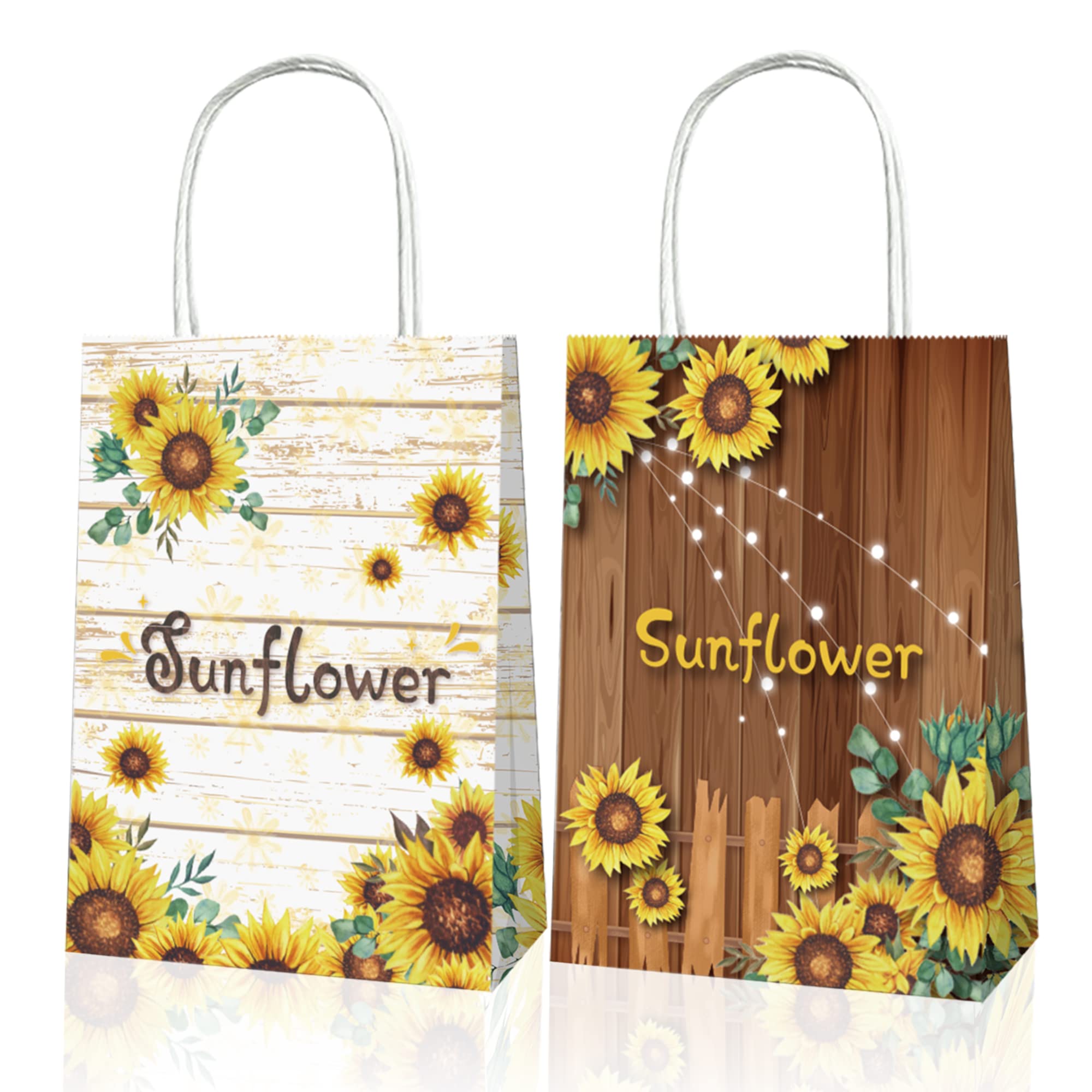 12 Pack Vintage Wooden Sunflower Candy Bags，Sunflower Goody Treat Bags with Handles Summer Sunshine Party Favor Bags for Sunflower Baby Shower Birthday Wedding Bridal Shower Party Supplies