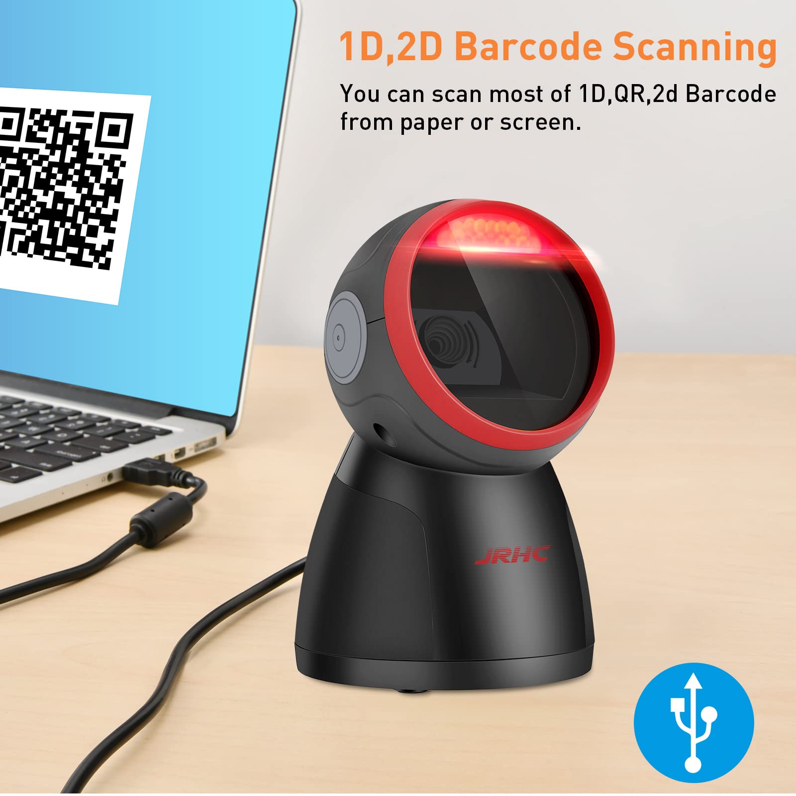 Desktop Barcode Scanner,JRHC 1D 2D Omnidirectional Hand Free USB Wired Platform Scanner QR Barcode Reader Automatic Sensing Barcode Scanner for POS PC Supermarket Bookstore Retail Mall