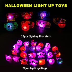 CCINEE Halloween Light up Party Favors Toys for kids, 32pcs 20 Rings+12 Bracelets LED Accessories Glow in the Dark Toys Rubber Ghost Pumpkin Skeleton for Halloween Party Supplies Decorations Gift