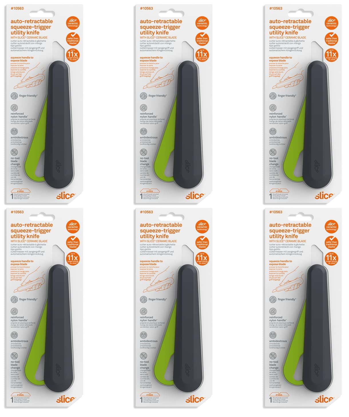 Slice 10563 Auto-Retractable Squeeze-Trigger Utility Knife, Safer Choice, Never Rusts, Lasts 11x Longer Than Metal, Finger Friendly Ceramic Blade, 6 Pack