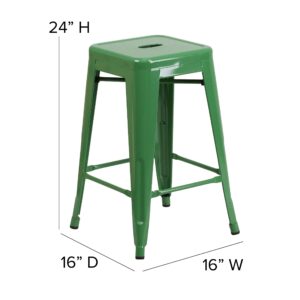 Merrick Lane Newark Series Counter Height Stool - Green Finish - Metal Frame with Cross Bracing - Backless Design - Integrated Footrest