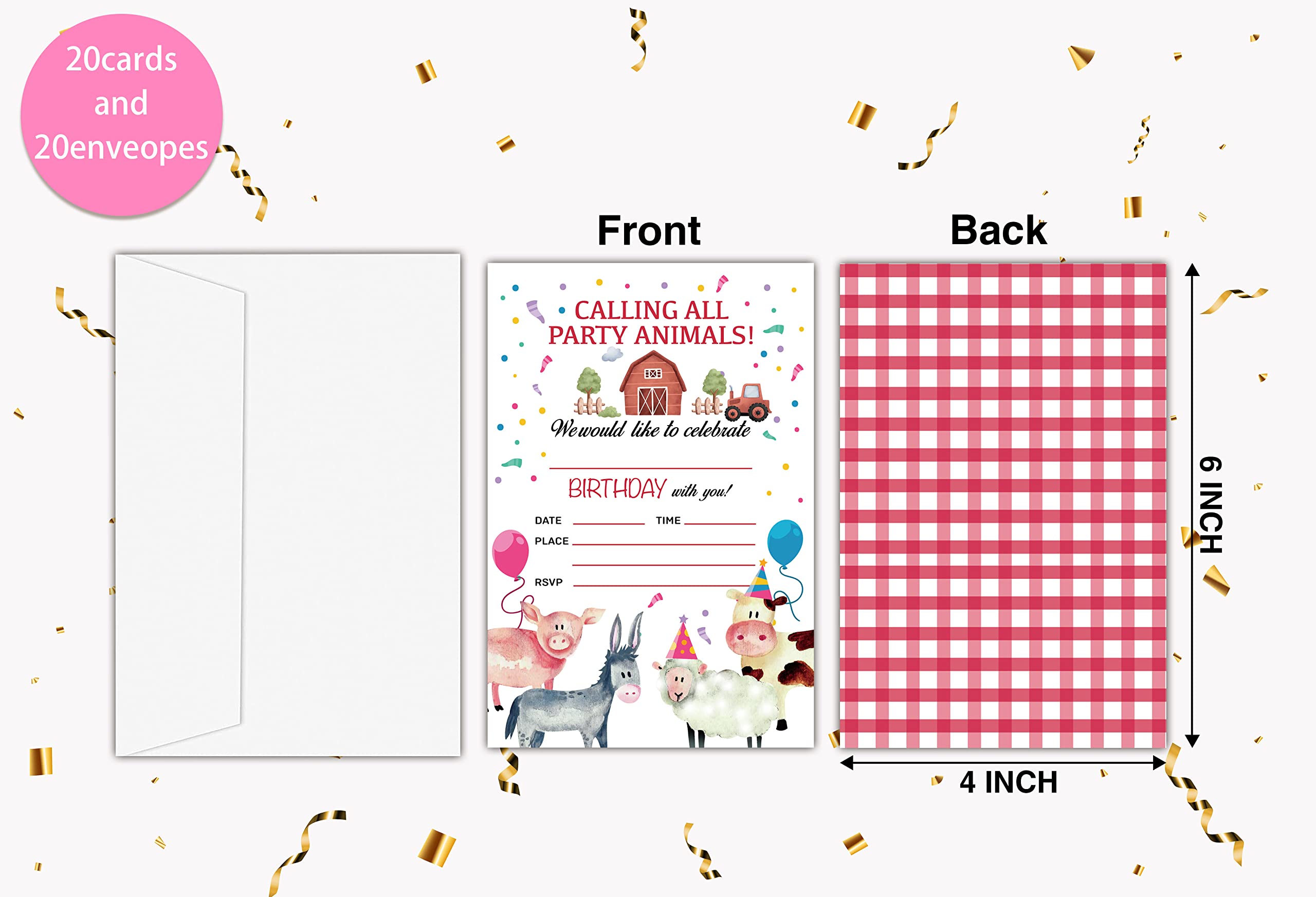 Birthday Party Invitation Cards for Kids, Party Invites, Party Celebration for Teens, Farmhouse Farm Animal Calling All Party Animals Cards, Party Supplies, Personalized 20 Cards With Envelopes-c001