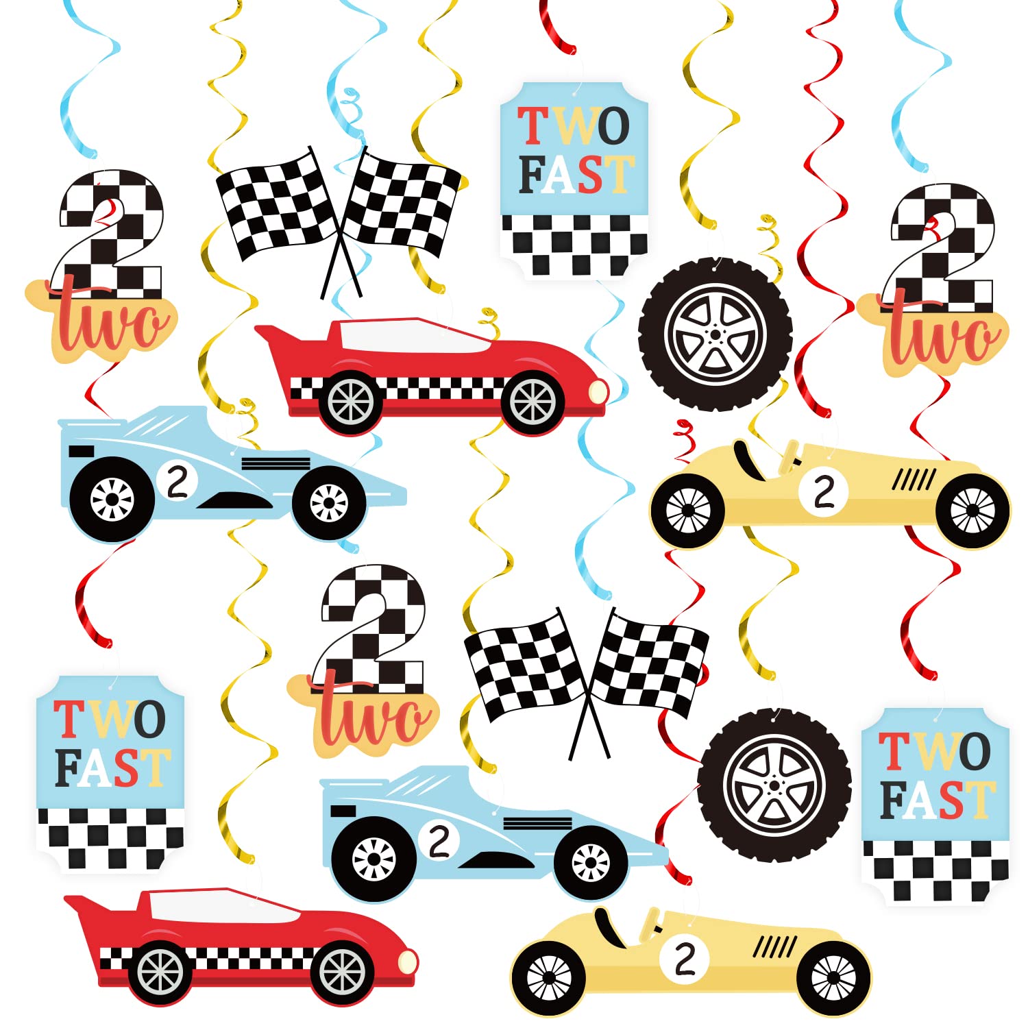 K KUMEED Race Car Two Fast Party Hanging Swirls Checkered Flags Racing Birthday Party Foil Ceiling Decorations for Kids Boys Men Racing Theme 2nd Birthday Party