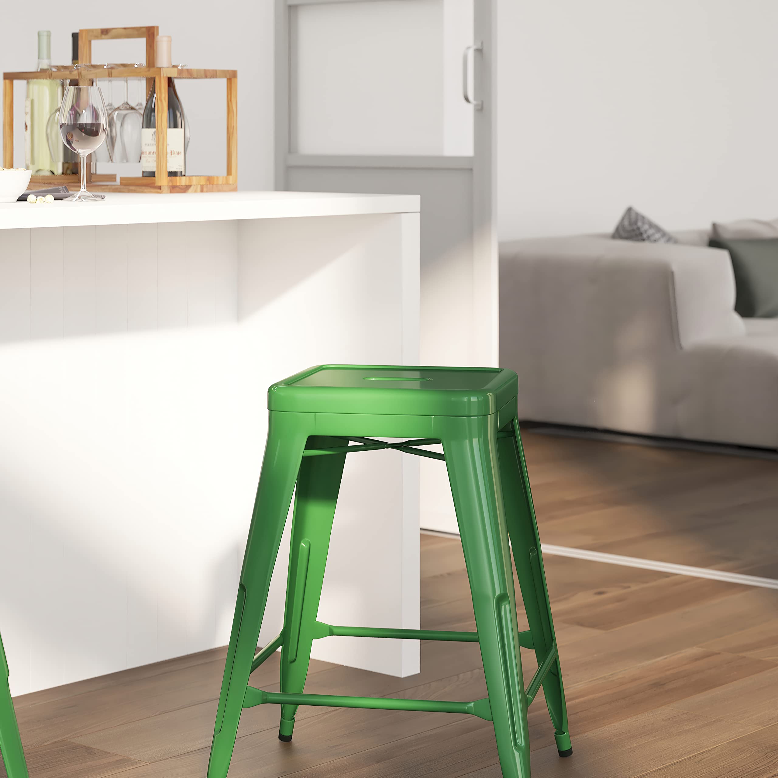 Merrick Lane Newark Series Counter Height Stool - Green Finish - Metal Frame with Cross Bracing - Backless Design - Integrated Footrest