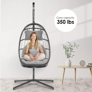 Egg Swing Chair with Stand Hanging Egg Chair Outdoor - Rattan Wicker Patio Hanging Basket Chair Hammock Chair with Aluminum Steel Frame and UV Resistant Cushion for Indoor Bedroom Balcony (Grey)