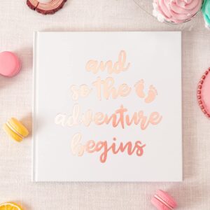 Calculs Polaroid Baby Shower Guest Book So The Adventure Begins Signature Bridal Party Picture Book Blank Pages for Instant Film 8.5” Square White Cover Rose Gold Stamping