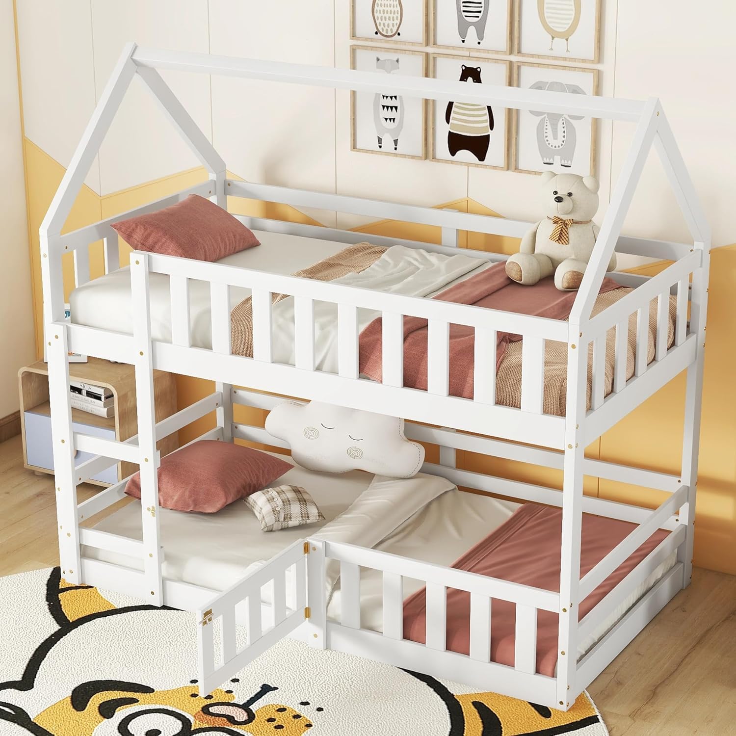 MERITLINE House Bunk Bed with Fence and Door, Wood Kids Bunk Beds Twin Over Twin with Roof, Floor Bunk Bed Loft Beds for Girls Boys, Easy Assembly, White