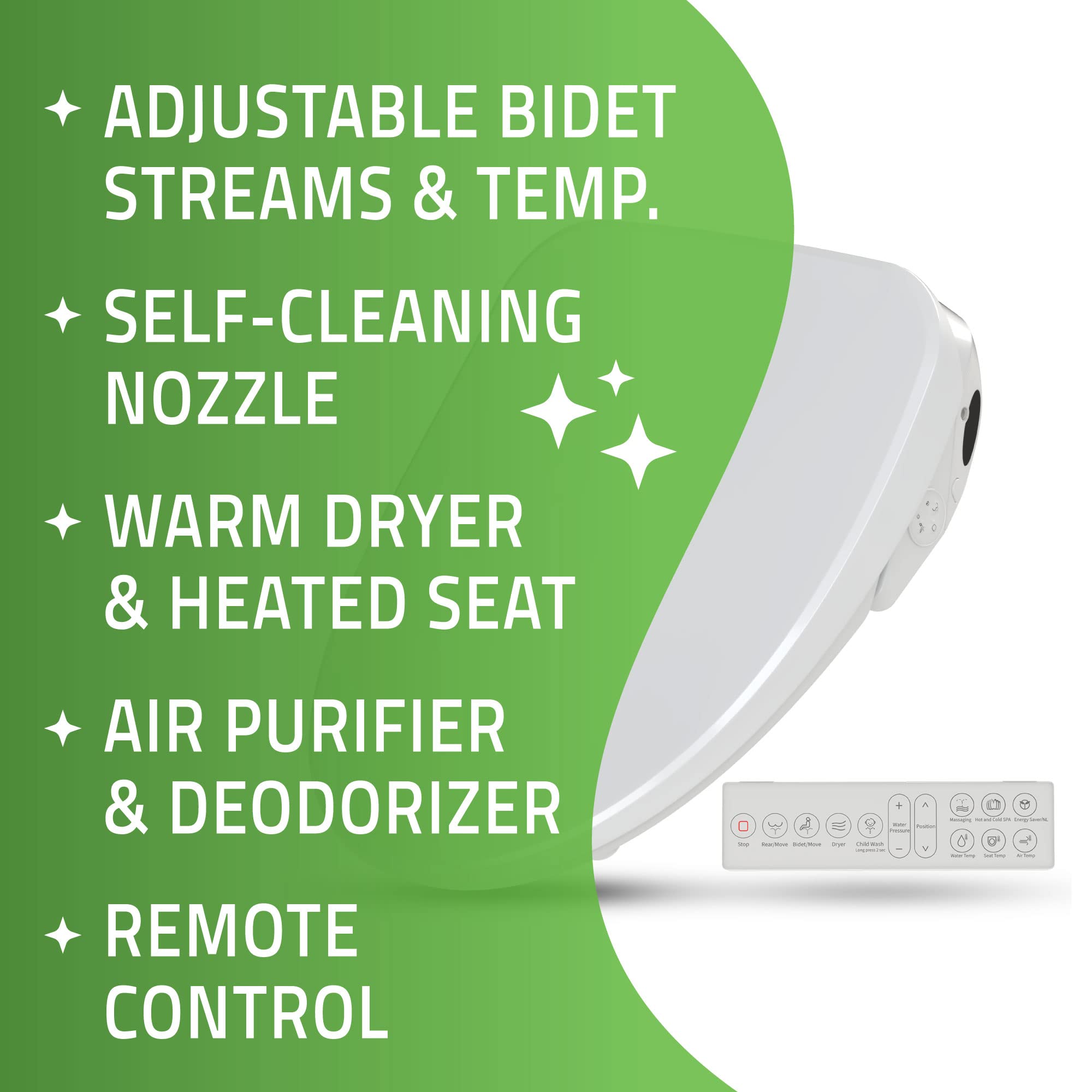 ANZZI Smart Electric Bidet Seat for Elongated Toilets, Heated Seat, Warm Air Dryer, Temperature and Pressure Controlled Functions, Air Purifier and Deodorizer, with Remote Control (TL-AZEB105B)