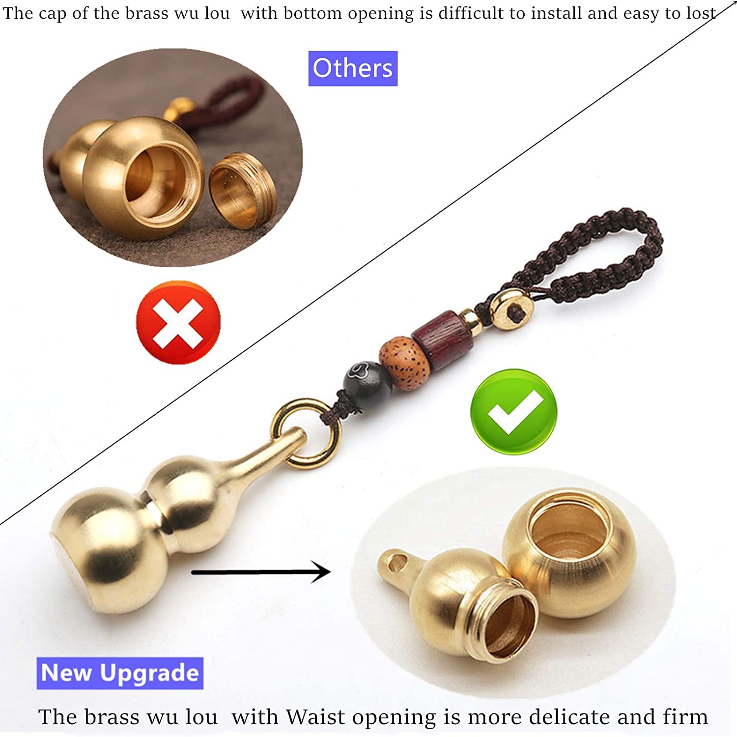 3 Pieces Gourd Brass Keychains,Feng Shui Luck Coins with Brass Calabash Wu Lou Key Ring for Good Luck , Wealth Success & Longevity , Blessing Paper in it, Gold, 2x2x4 inches