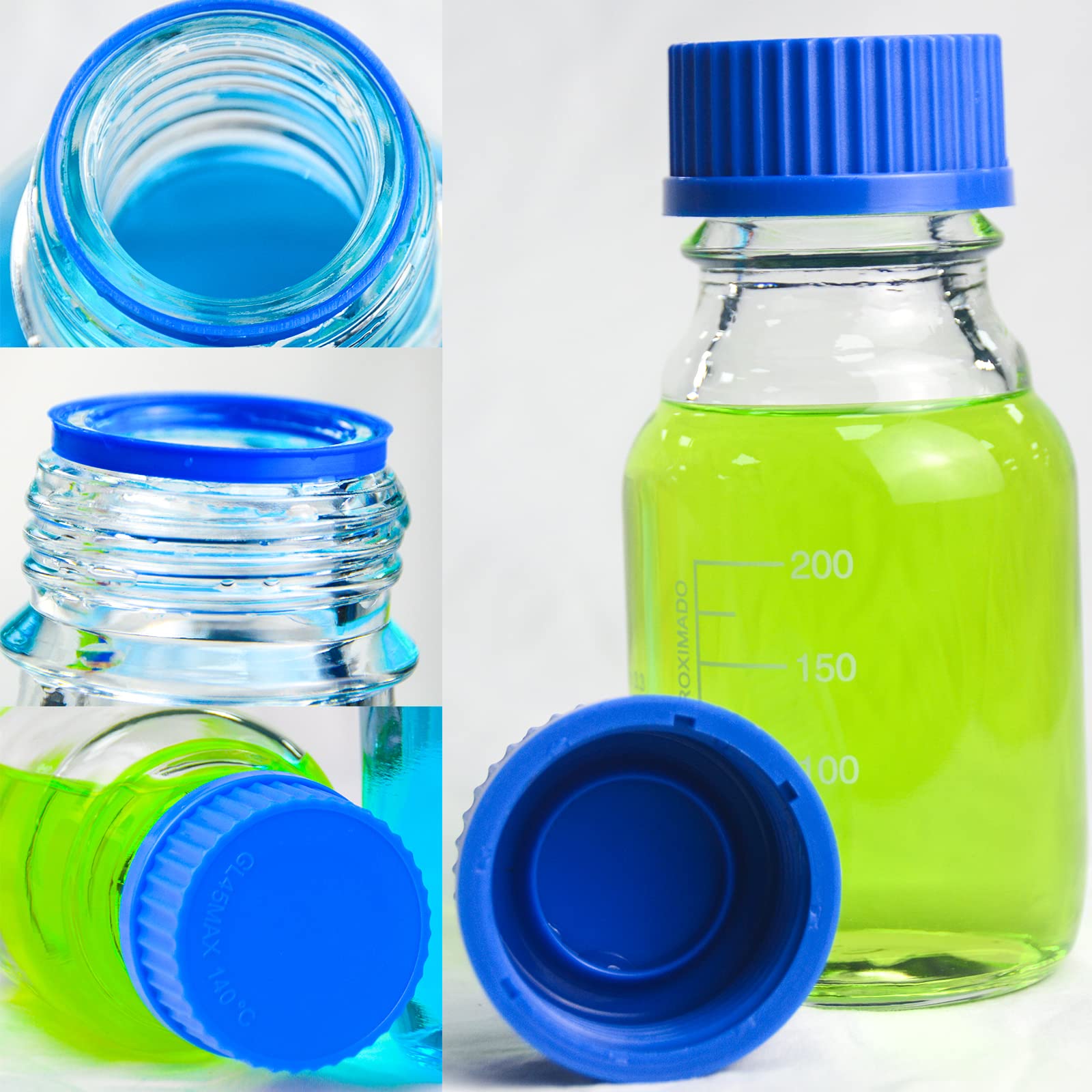 SWONES Graduated Round Reagent Media - Round Media Storage Bottle - Storage Glass Bottles, with GL45 Screw Cap,Borosilicate 3.3 Glass (250ml, 4pcs)