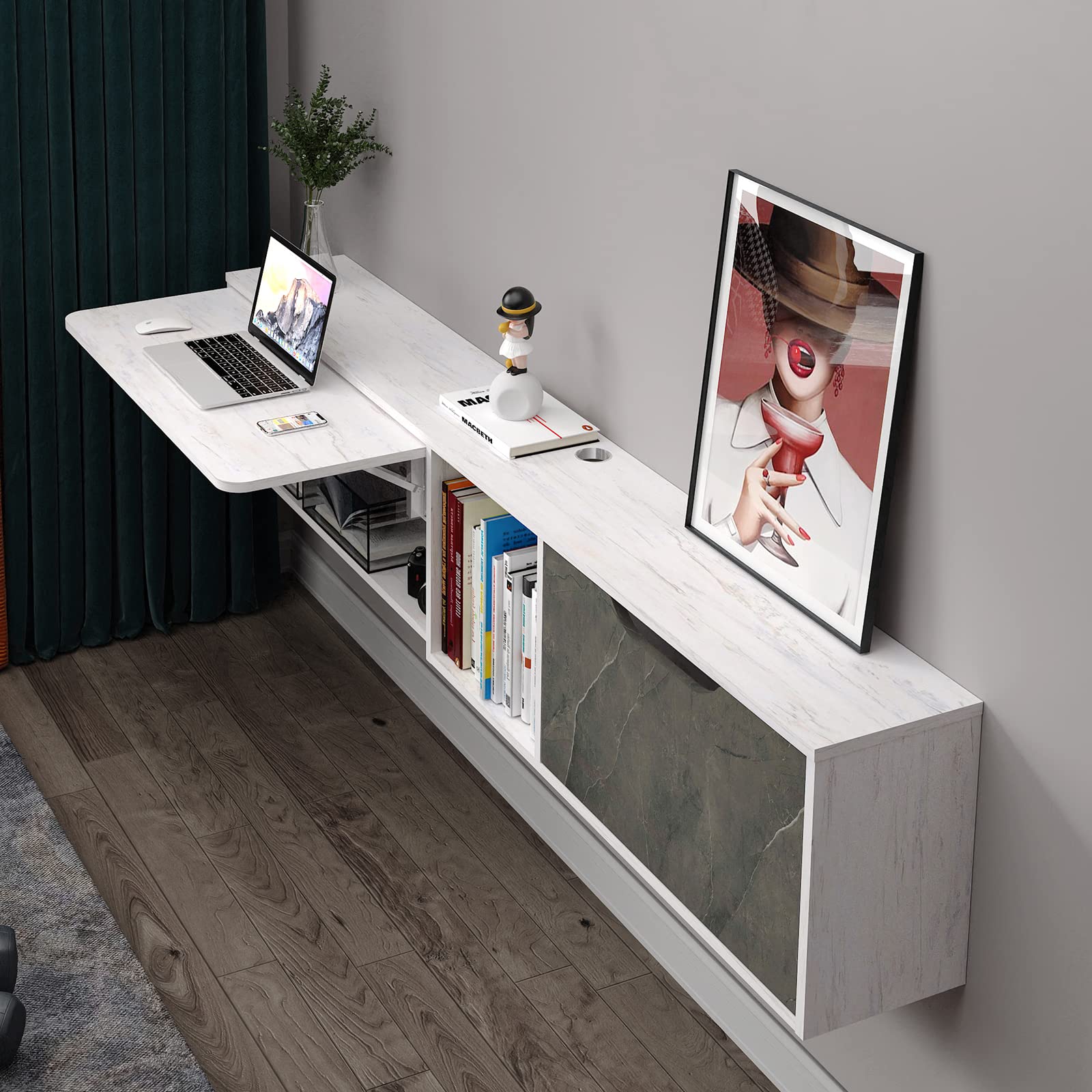 Pmnianhua Floating Wall Desk with Storage Shelves, 70'' Large Wall Mounted Desk Laptop Computer Writing Study Table for Bedroom Small Space (Grayish White-Left)