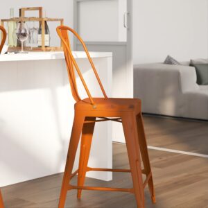 Merrick Lane Sabine 24" Indoor-Outdoor Counter Stool - Metal Stool with Distressed Orange Finish - Vertical Slat Back - Integrated Footrest