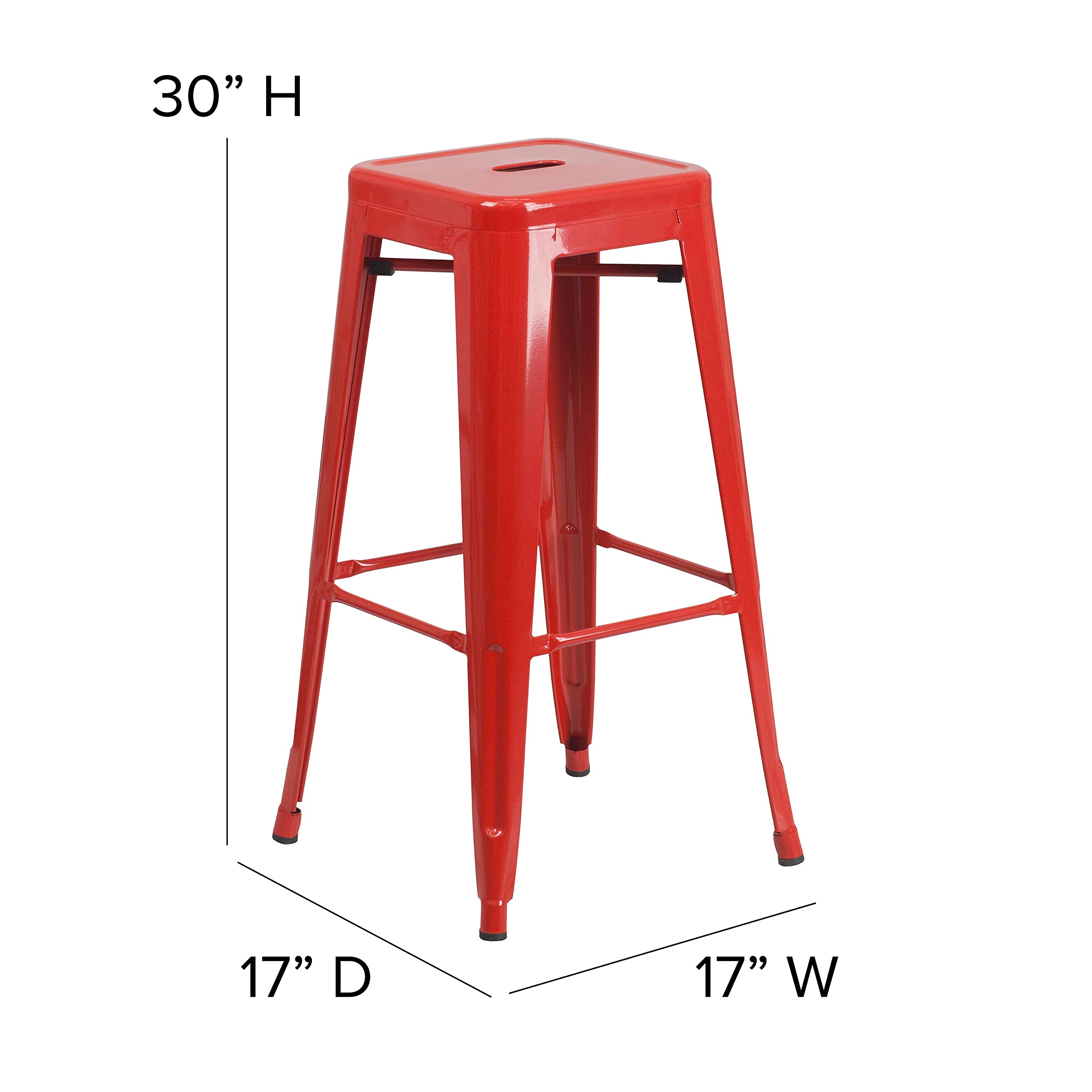 Merrick Lane Newark Series Bar Height Stool - Red Finish - Metal Frame with Cross Bracing - Backless Design - Integrated Footrest