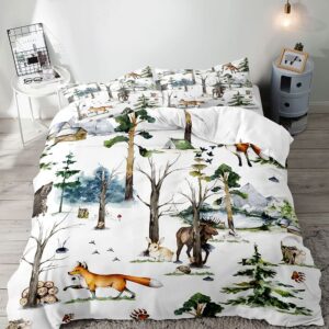 vivihome 2pcs woodland animals duvet cover set, twin bedding sets, white duvet cover, wildlife rabbit fox deer elk moose bear camping hunting lodge cabin country rustic farmhouse bedding, 1 pillowcase