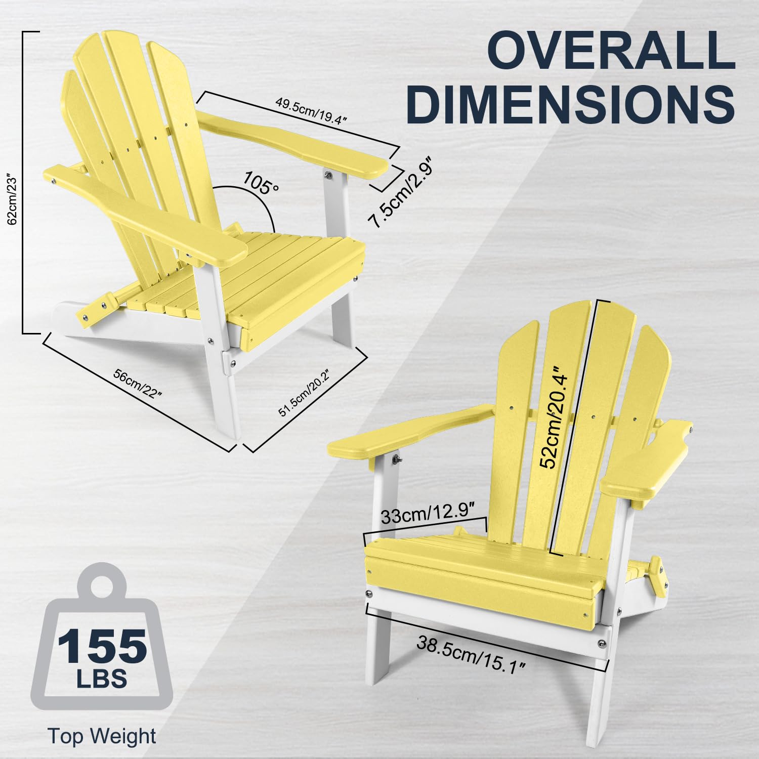 ABCPATIO Folding Mini Plastic Adirondack Chair - Outdoor Comfortable Adirondack Chairs, Weather Resistant Patio Folding Seating for Patio, Porch, Deck, Pool, Garden, Backyard (Yellow/White)