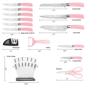 Kitchen Knives Set, High Carbon Stainless Steel Knife Set 15 PCS, Super Sharp Cutlery Knife Set with Clear Acrylic Stand, Sharpener Knife Block Set, Pink Knife Set