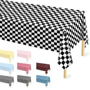 mulbozy 4 pcs black and white checkered tablecloths, 54 × 108 inches black checkered flag tablecover, disposable plastic gingham table cover for picnic, truck, race car birthday party supplies