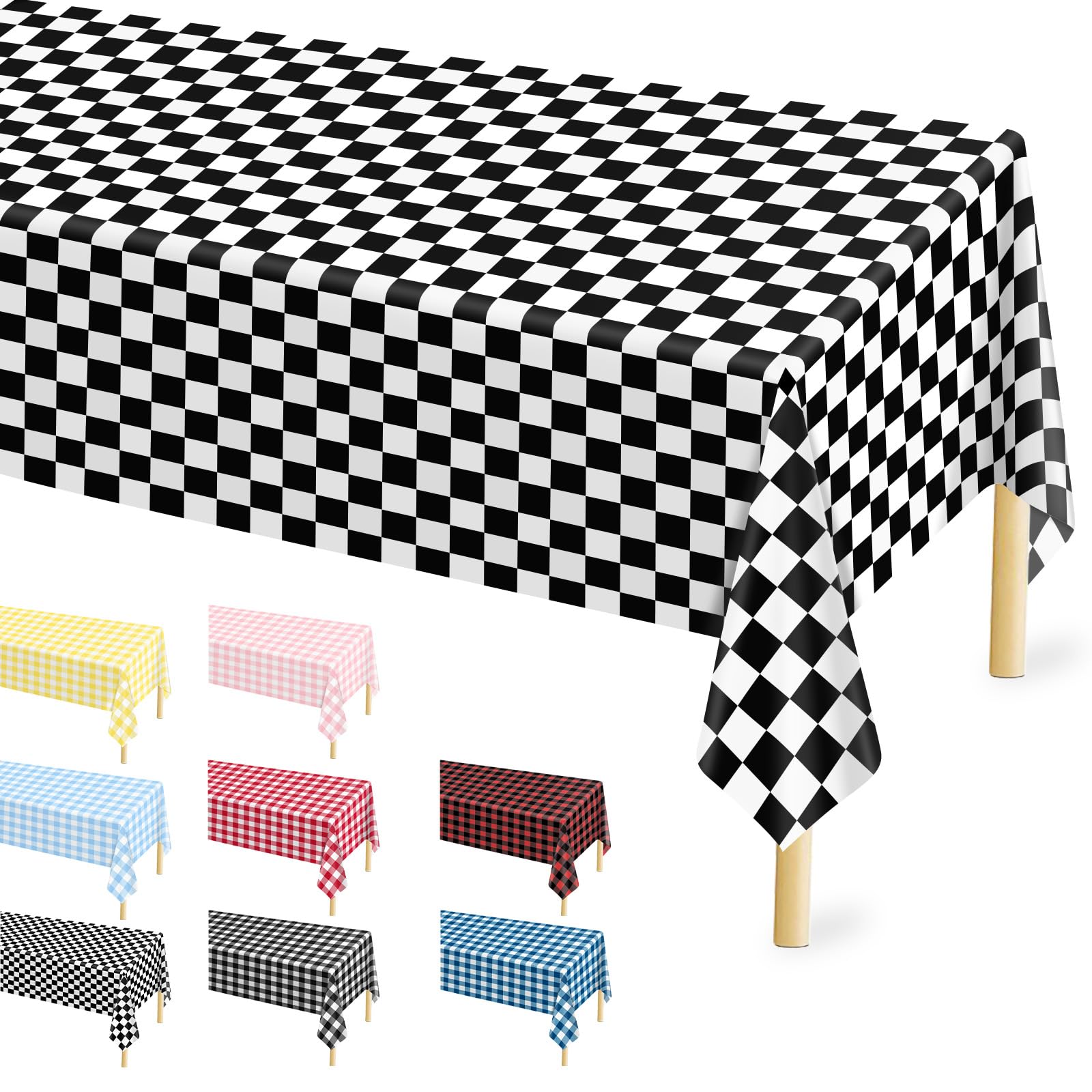 Mulbozy 4 Pcs Black and White Checkered Tablecloths, 54 × 108 Inches Black Checkered Flag Tablecover, Disposable Plastic Gingham Table Cover for Picnic, Truck, Race Car Birthday Party Supplies