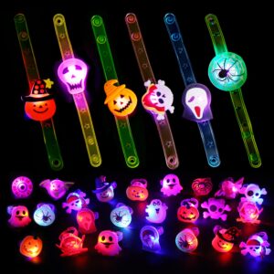 ccinee halloween light up party favors toys for kids, 32pcs 20 rings+12 bracelets led accessories glow in the dark toys rubber ghost pumpkin skeleton for halloween party supplies decorations gift