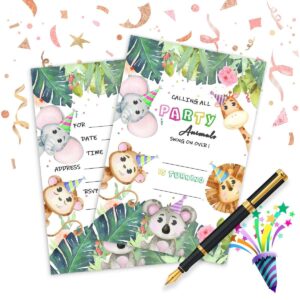 MUZRUYOU Party Animals Birthday Invitation cards with Envelopes, Wild One Animals Invitation cards, Zoo Safari Animals kids Invite (20 pack)