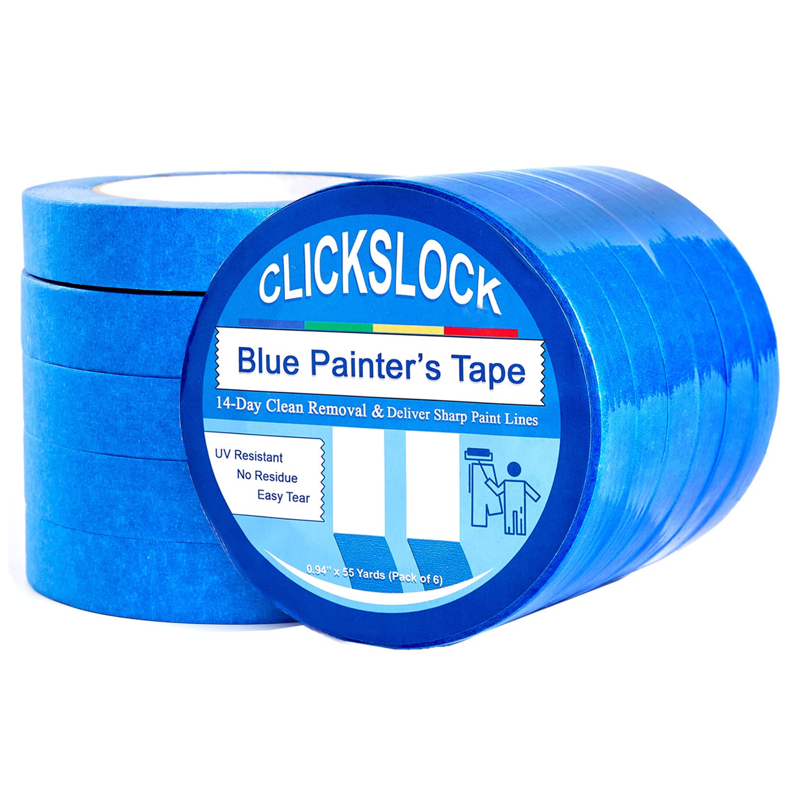 Clickslock Blue Painters Tape,3 Rolls 1.88"×55 Yards (165 Yards Total), Blue Painters Masking Tape Bulk, Residue Free Multi-Surface Painting Tape