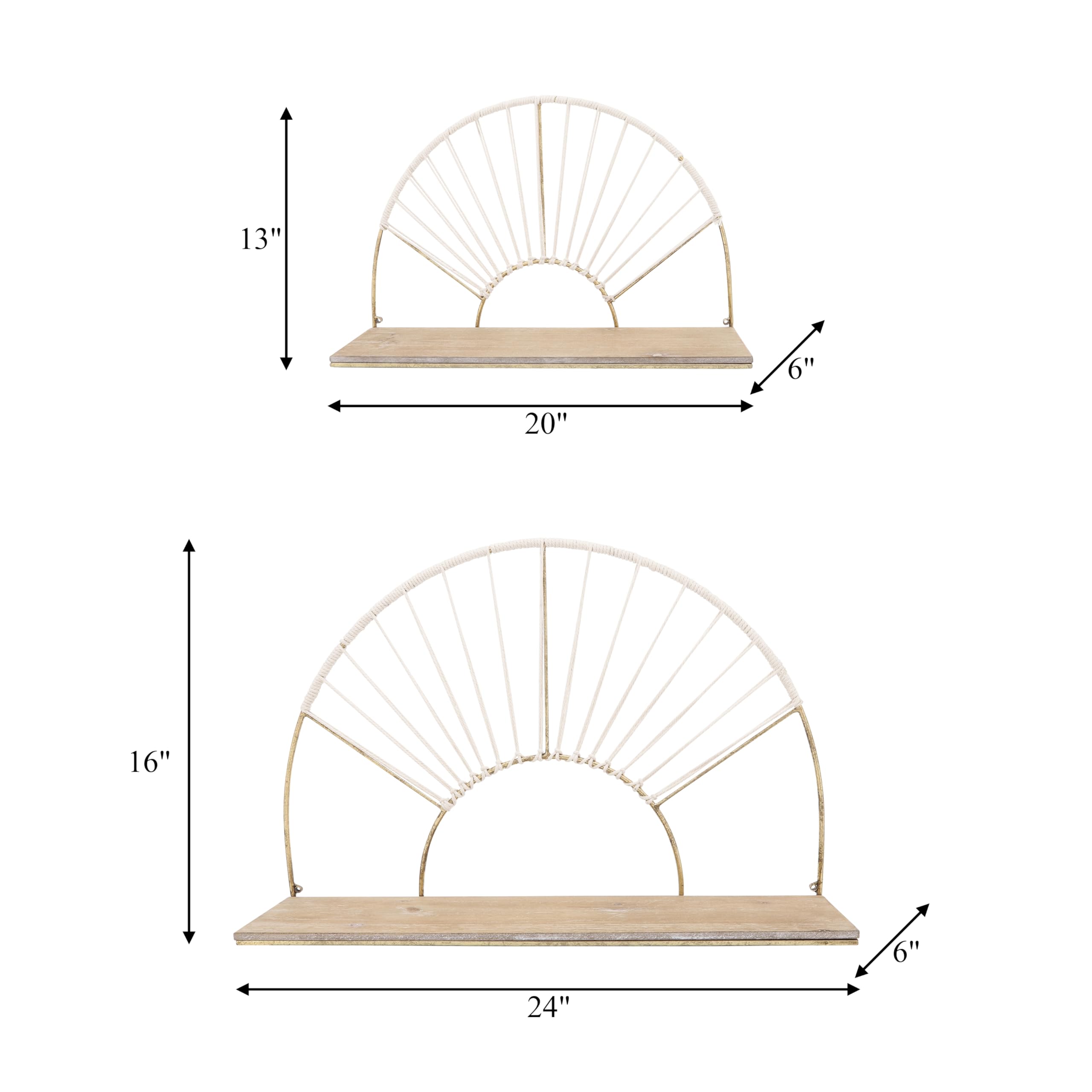 Sagebrook Home Circle Iron Wall Storage Arched Shelves Interior Wall Shelf Decor Display, Hanging Decorative Wall Organizer for Home, Kitchen, Bedroom, Living Room, 16" H, Gold Set of 2