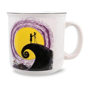 Disney The Nightmare Before Christmas Jack and Sally Spiral Hill 20-Ounce Ceramic Camper Mug | BPA-Free Travel Coffee Cup For Espresso, Caffeine, Cocoa, | Home & Kitchen Essentials | Halloween Gifts