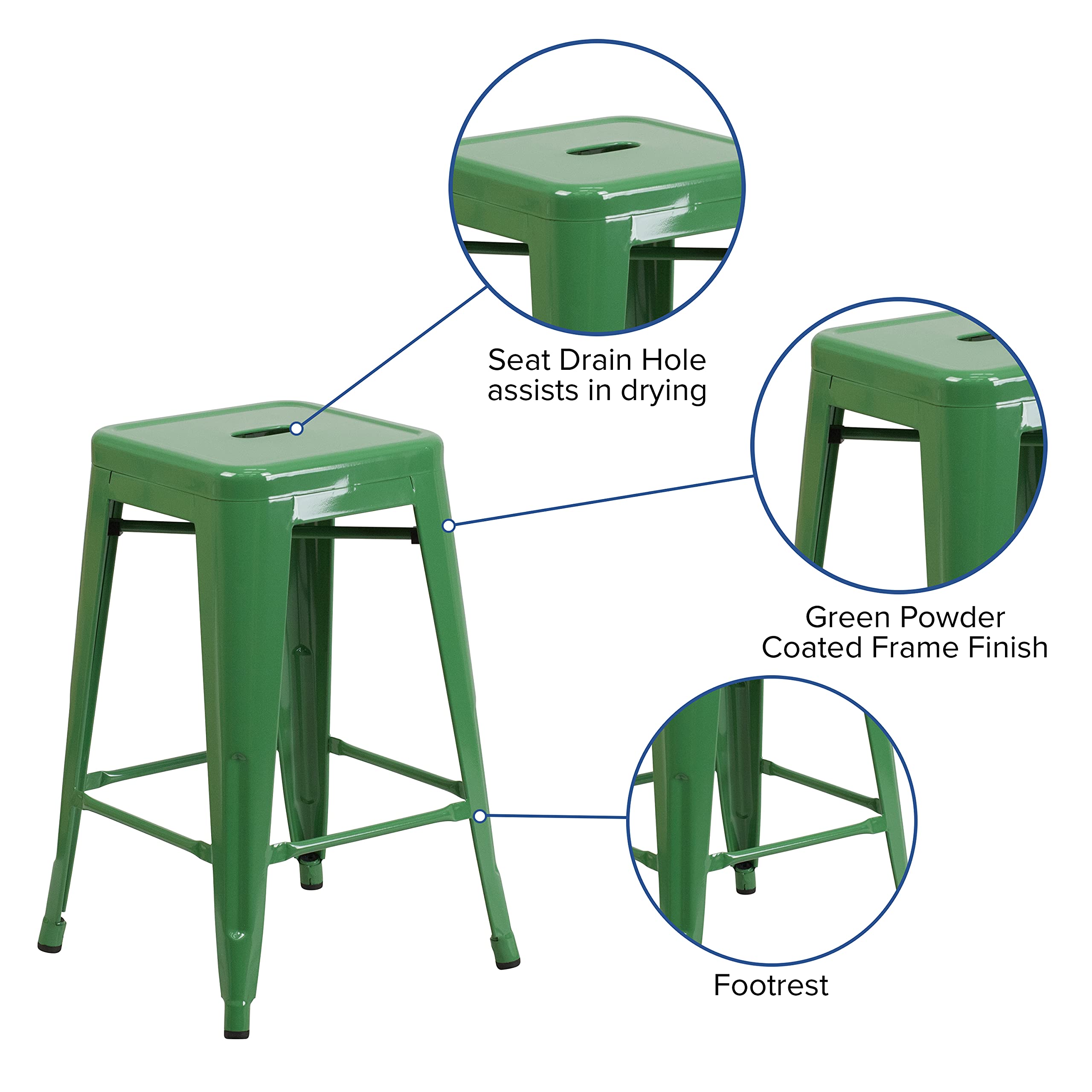 Merrick Lane Newark Series Counter Height Stool - Green Finish - Metal Frame with Cross Bracing - Backless Design - Integrated Footrest