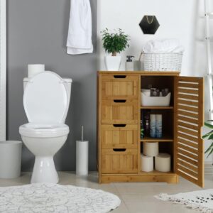 MUPATER Small Storage Cabinet Bamboo with 4 Drawers and 1 Cupboard, Freestanding Compact Floor Cabinet Bamboo for Entryway and Bathroom, Natural