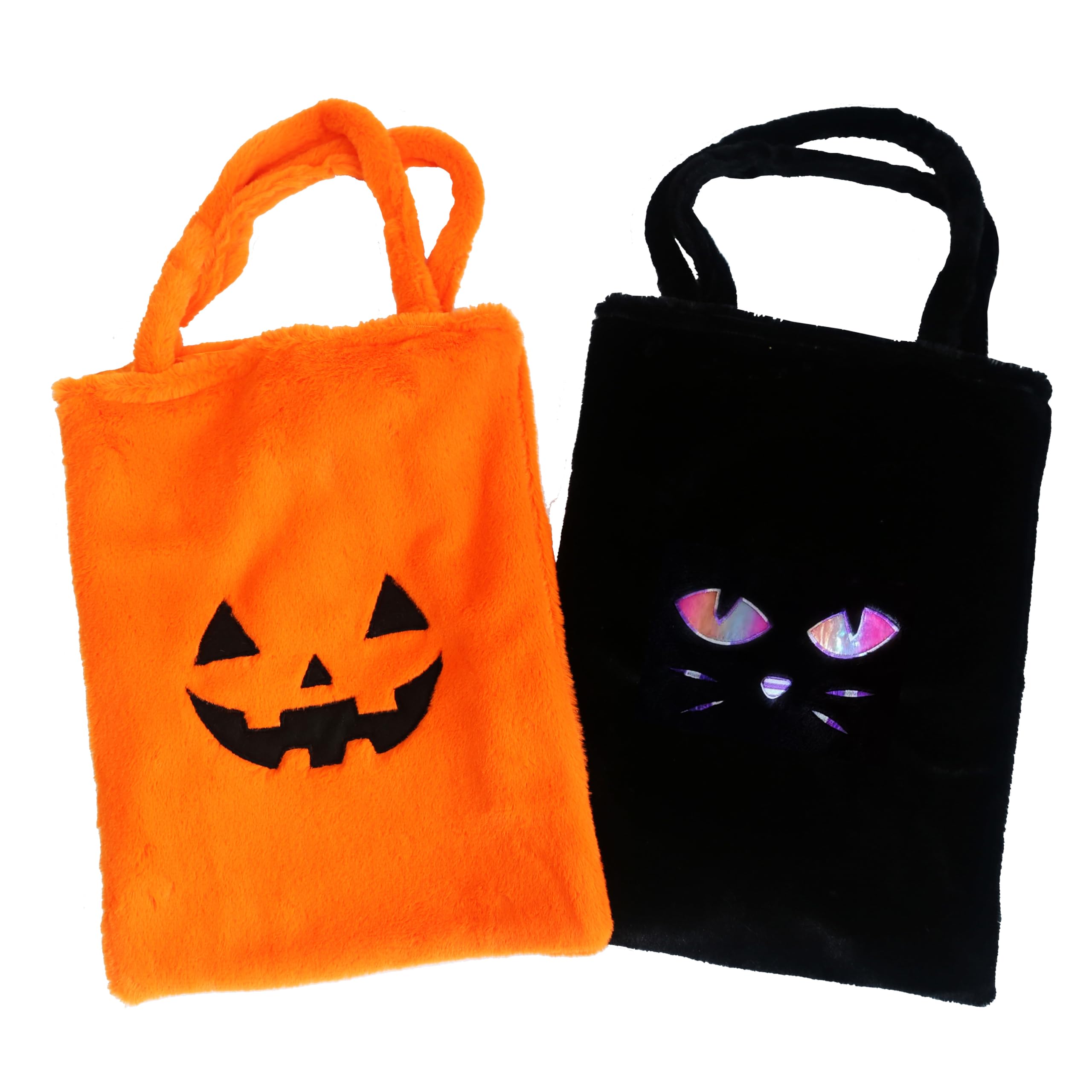 Hooin Halloween Candy Bags. 15.7'' X 11.8'' Large Soft Plush Trick or Treat Tote Bags.Pack of 2 (Pumpkin & Black Cat)