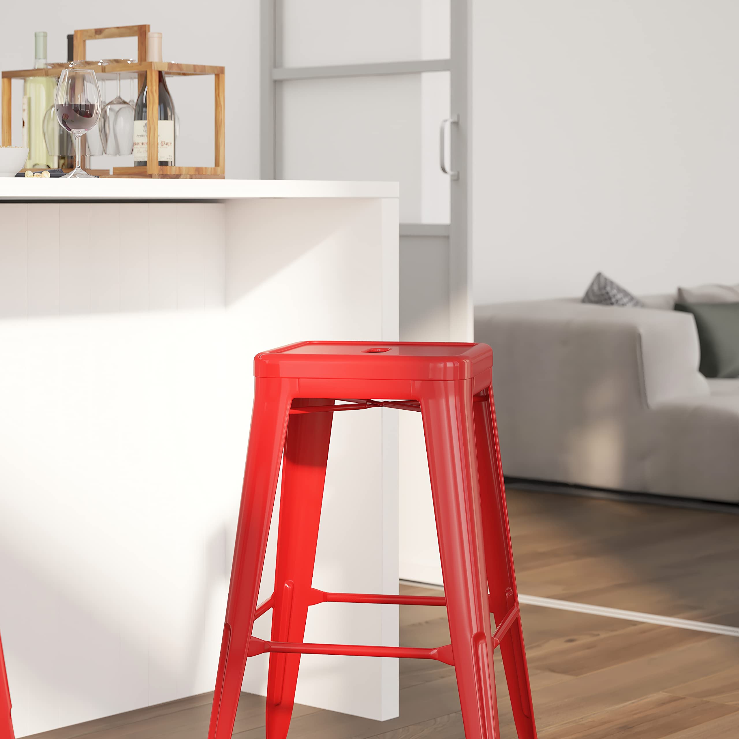 Merrick Lane Newark Series Bar Height Stool - Red Finish - Metal Frame with Cross Bracing - Backless Design - Integrated Footrest